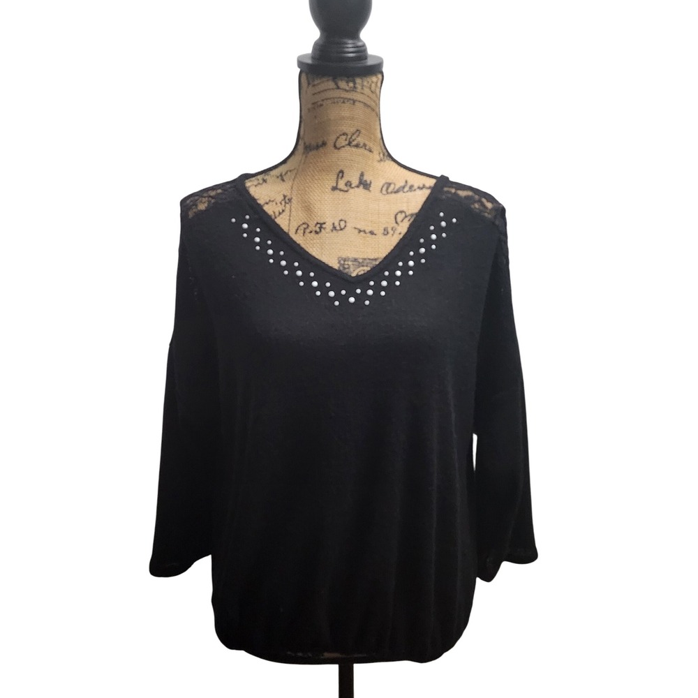 CURE Black Embellished Lace Detail V Neck 3/4 Sleeve Top - Women's Large
